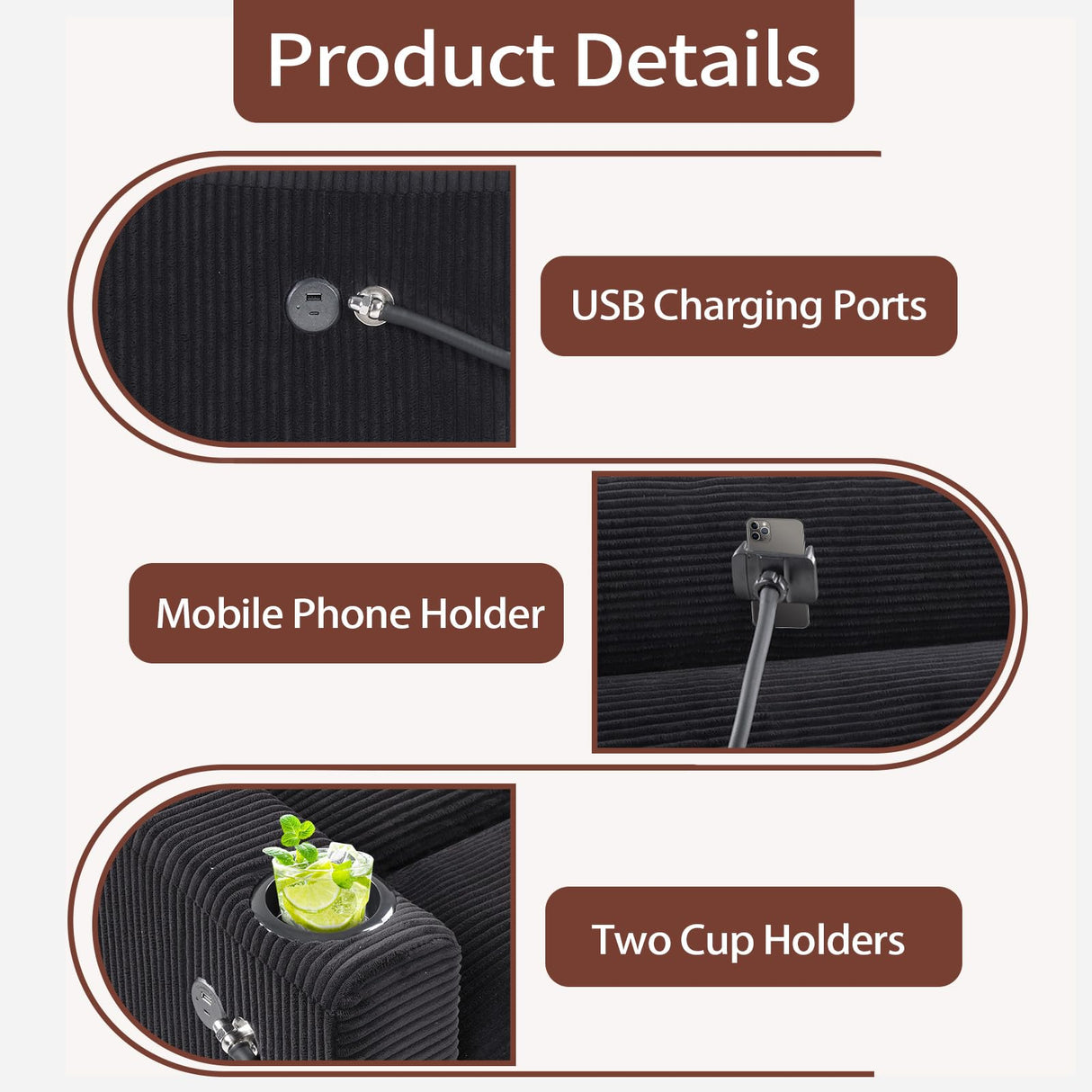 HAOMARKETS 3-in-1 Convertible Loveseat Sleeper Futon Sofa Bed with Cup Holders, 2-Seat Pull Out Couch, Phone Holder and USB Port, Corduroy 3-Level Adjustable Backrest Couches for Living Room, Black HAOMARKETS