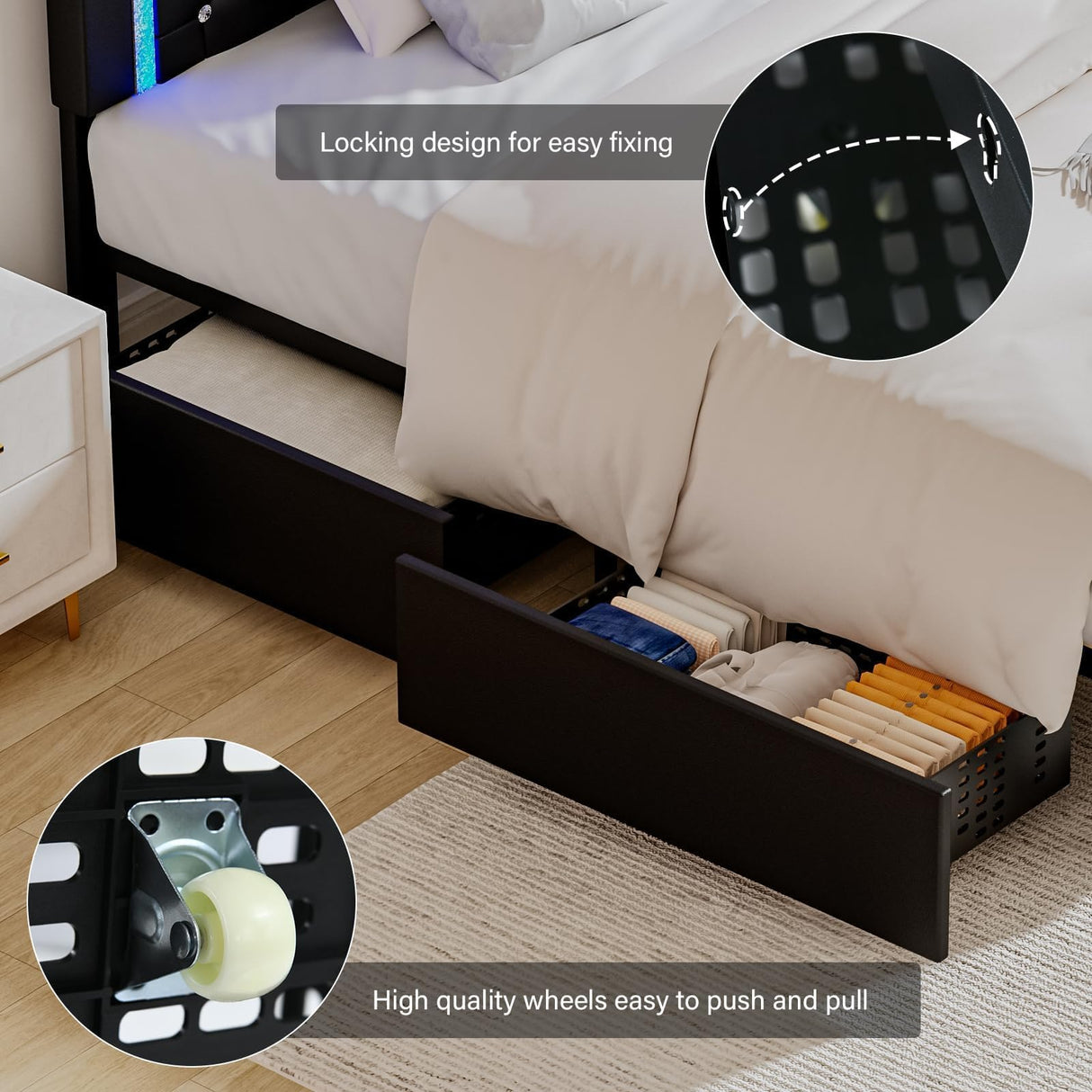 King Size Bed Frame with LED Lights and Storage Drawers, Upholstered Platform Bed with Crystal Tufted Headboard, Wooden Slats Support, No Box Spring Needed, Easy Assembly, Black BarnFurin