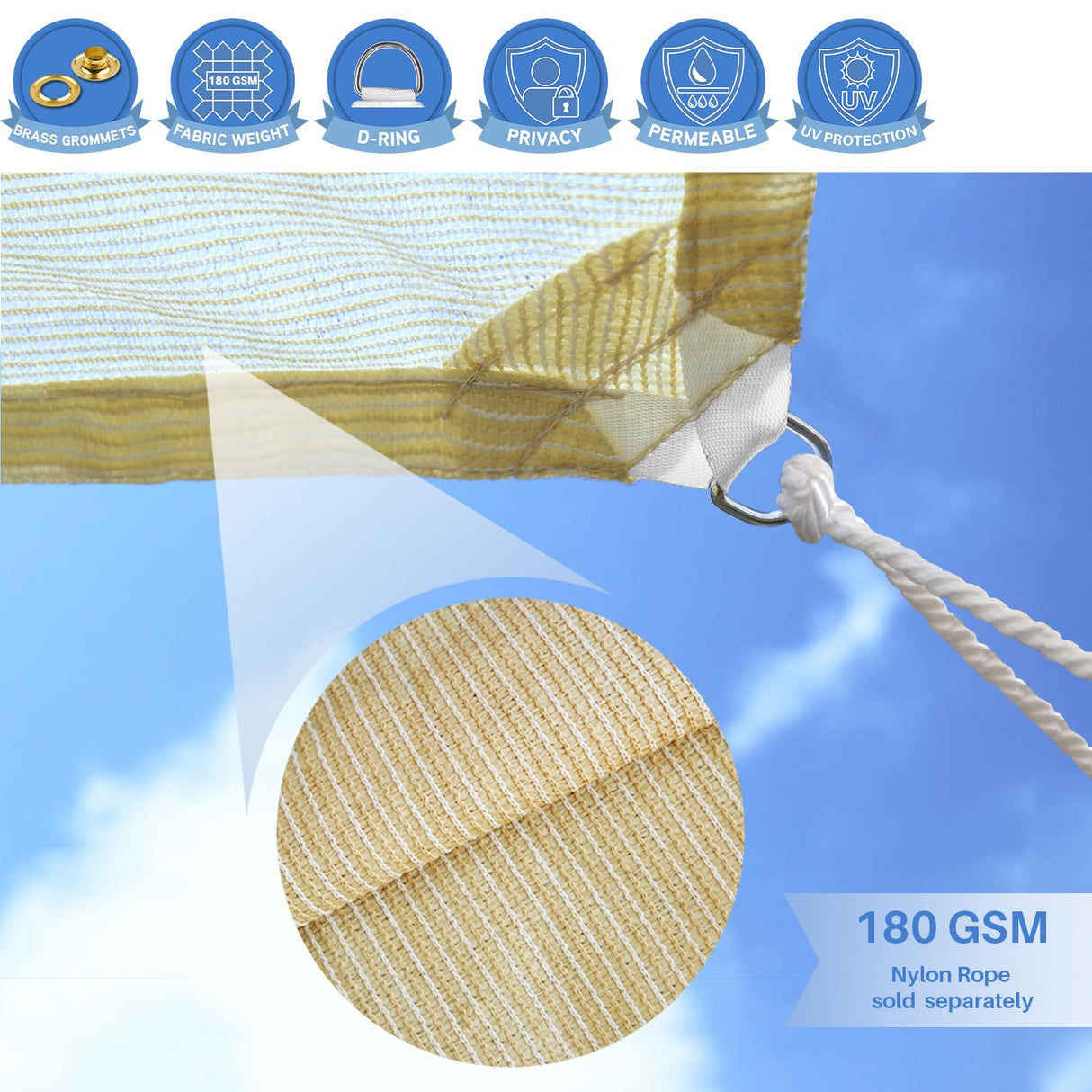 E&K Sunrise 18' x 18' Sun Shade Sail Straight Edge Rectangle Canopy Shade Cover with D-Ring Grommets UV Block for Outdoor Pergola Backyard Garden Patio Deck (Beige) E&K