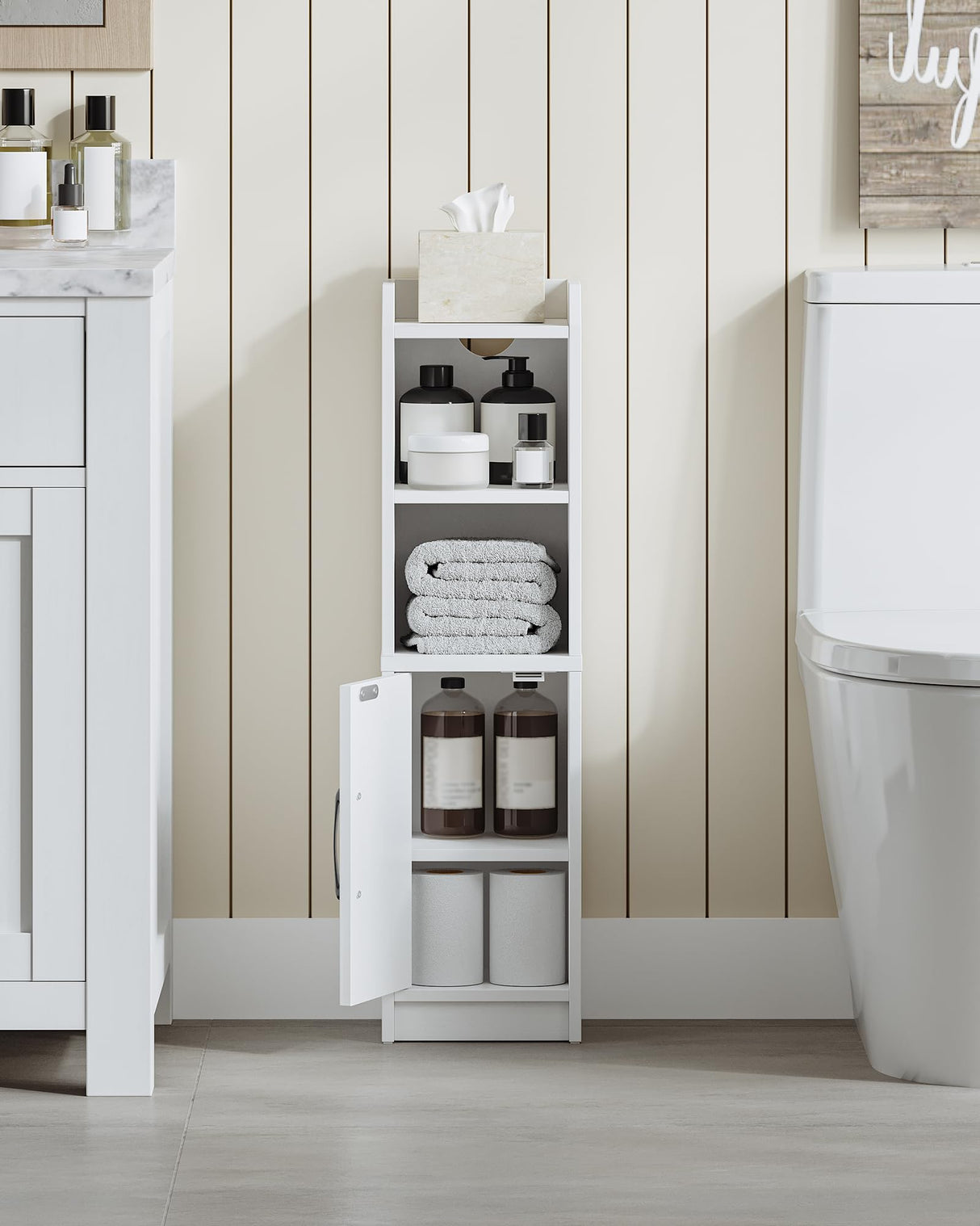 Hzuaneri Bathroom Storage Cabinet, Small Farmhouse Corner Floor Cabinet with Door and Shelves, Narrow Toilet Paper Holder Stand, Bathroom Organizer with Adjustable Shelf, for Small Spaces, White Hzuaneri