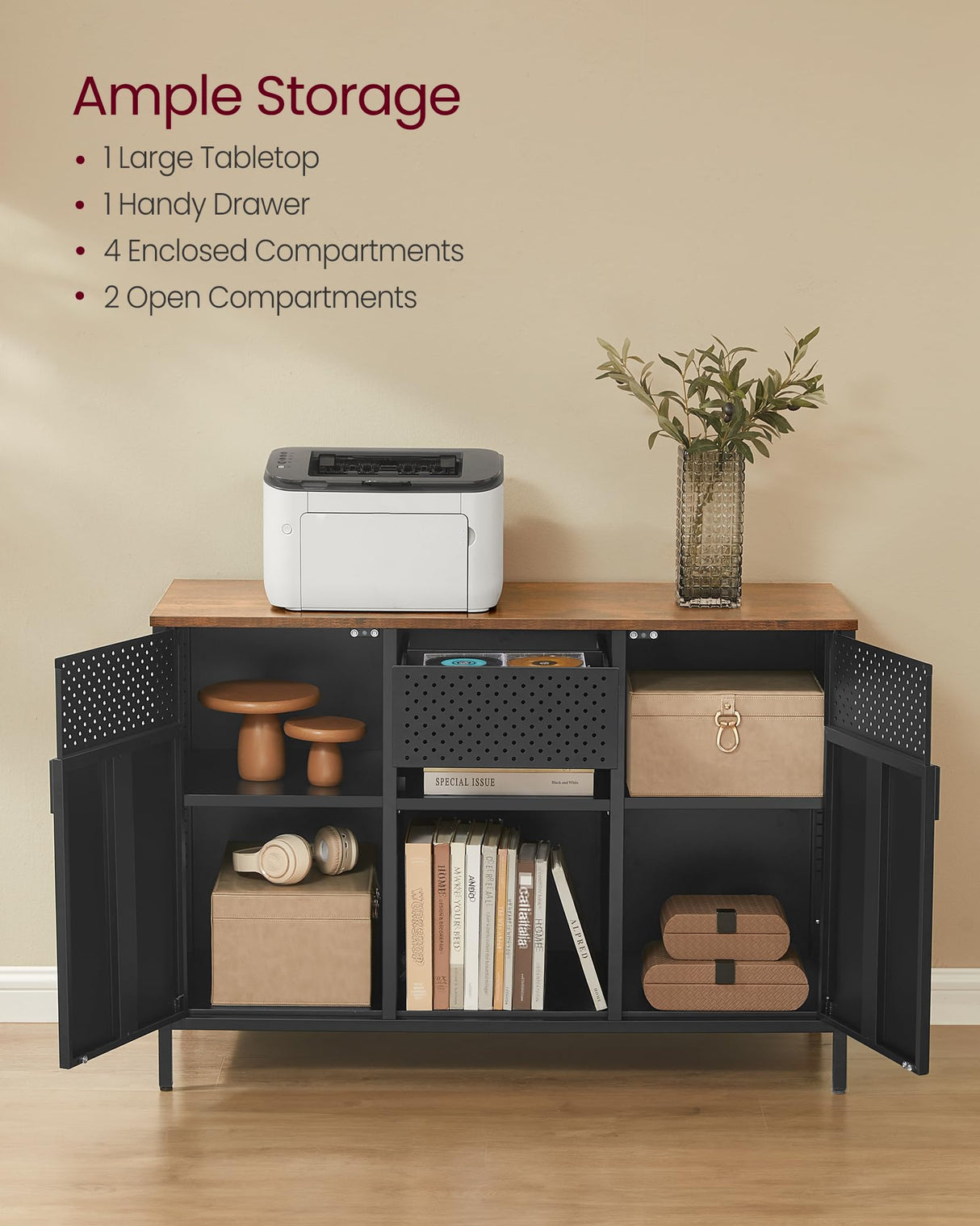 SONGMICS Storage Cabinet, Metal Cabinet, Sideboard with 2 Doors, Magnetic Closure, Adjustable Shelves, Steel Frame, Rustic Brown and Matte Black ULSC204B01 SONGMICS