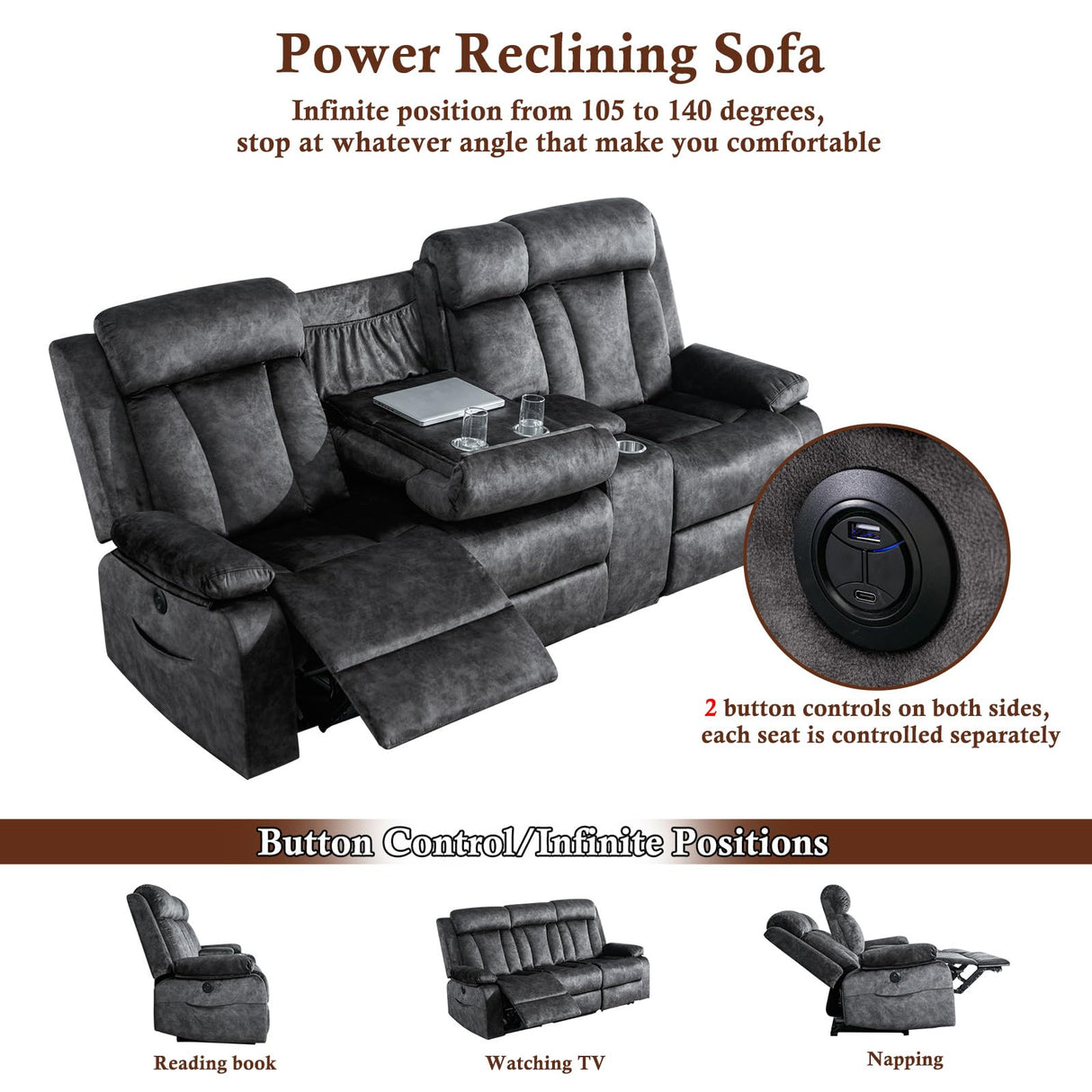 GUEAPY 3 Seater Recliner Sofa Reclining Loveseat with Console Power Reclining Sofa with Heat and Massage, Cup Holders, USB & Type-C Charge Ports for Living Room (Grey) GUEAPY