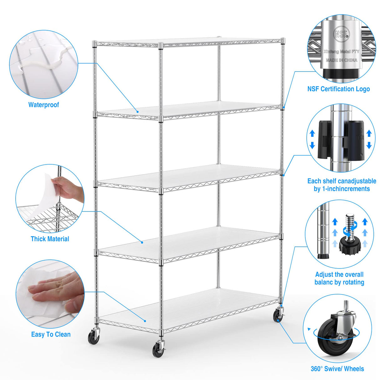 Wire Shelving Unit 5 Tier NSF Metal Shelf,6000lbs Capacity Heavy Duty Adjustable Storage Rack with Wheels & Shelf Liners for Commercial Grade Utility Steel Storage Rack , 82"H x 48"L x 24"D -Chrome pouseayar