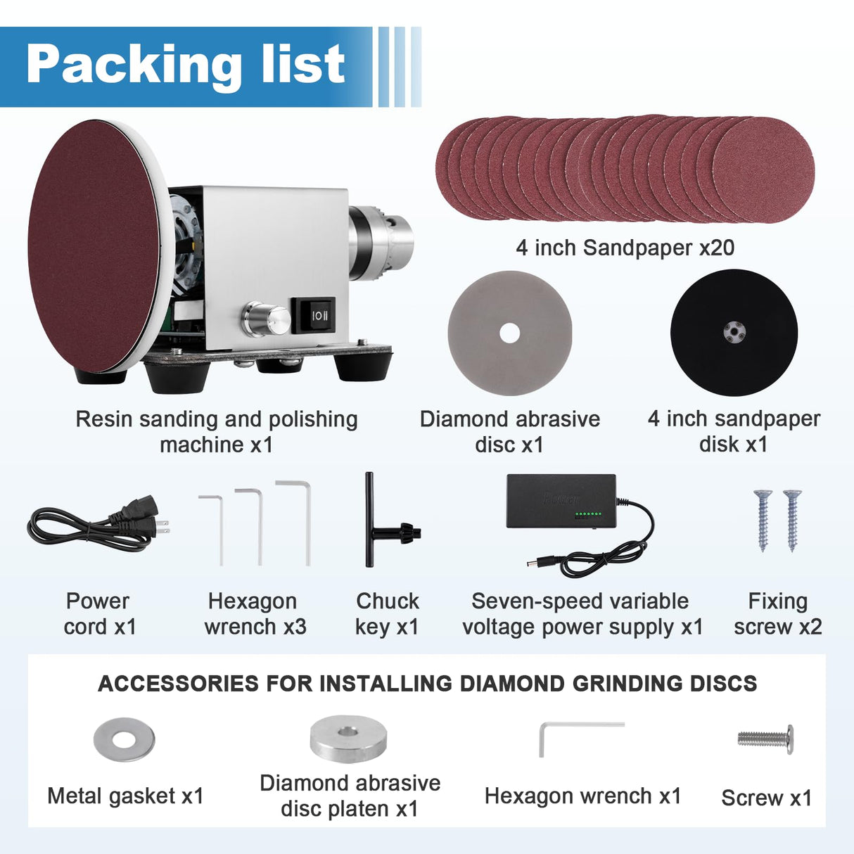 Electric Resin Polishing Machine 120W, Epoxy Resin Sanding and Polishing Kit, Stepless Speed Control, with 20 PCS Sandpapers for Wood, Stone, Plastic, Jewelry Sanding MXBAOHENG