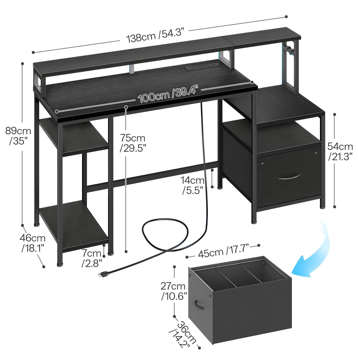 HOOBRO Computer Desk, 55" Home Office Desk with Fabric File Cabinet, Power Outlet and LED Strip, Office Desk with Monitor Stand and 2 Hooks for Home Office, Black BB46UDDN01 HOOBRO