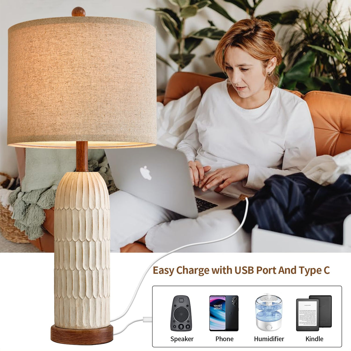 OYEARS 26.5" Table Lamp Set of 2 for Bedroom Living Room with USB A+C Charging Ports Modern Farmhouse Bedside End Lamps Rustic Nightstand Lamps,Brown OYEARS