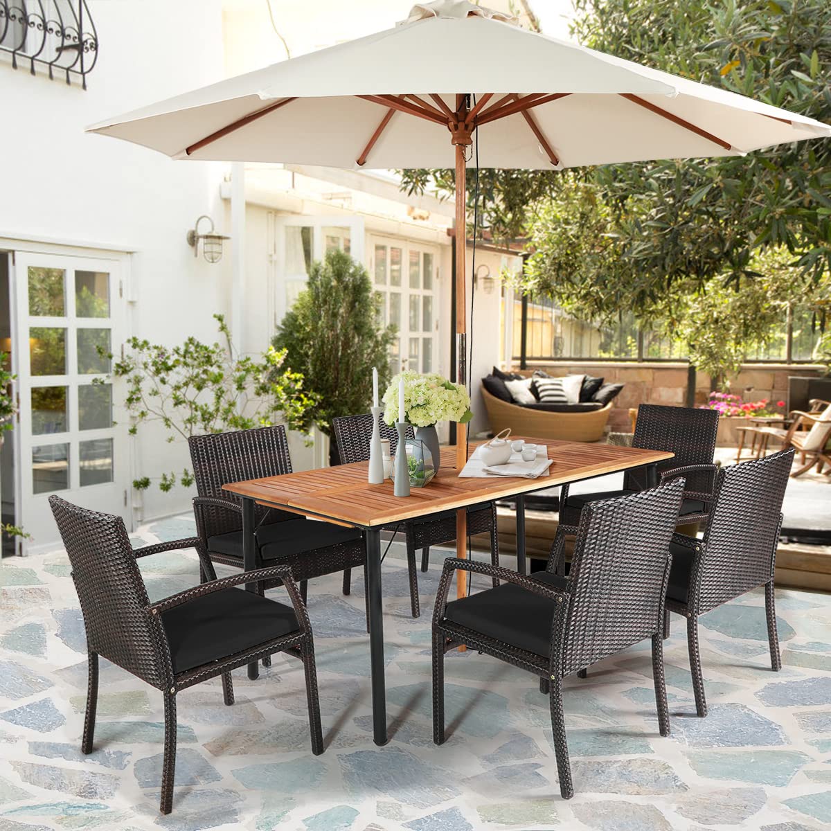 Tangkula 7 Pieces Patio Dining Set, Acacia Wood Wicker Dining Furniture Set with Steel Frame & Umbrella Hole, Outdoor Dining Table Chair Set with Removable Cushions for Backyard, Garden (Black) Tangkula
