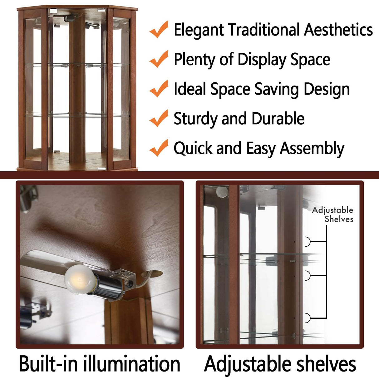 Lighted Curio Cabinet Corner Display Case for Living Room, China Hutch with Tempered Glass Doors and Shelves, Wooden Accent Cabinet, Bar and Liquor Storage Area(E26 light bulb not included) (Walnut) Majnesvon