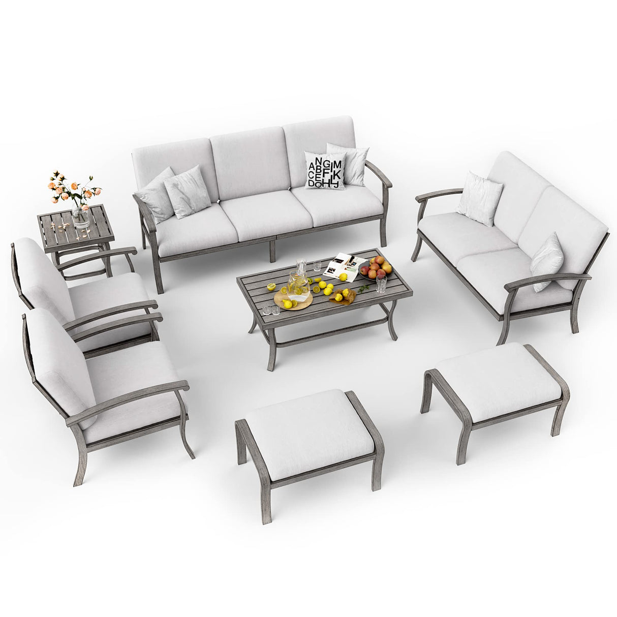 HAPPATIO 8 Piece Aluminum Patio Furniture Set, 3-Seat Outdoor Couch and Loveseat, All-Weather Outdoor Sectional Sofa with Armchairs and Ottomans, Garden Conversation Set with Tables(Gray) HAPPATIO
