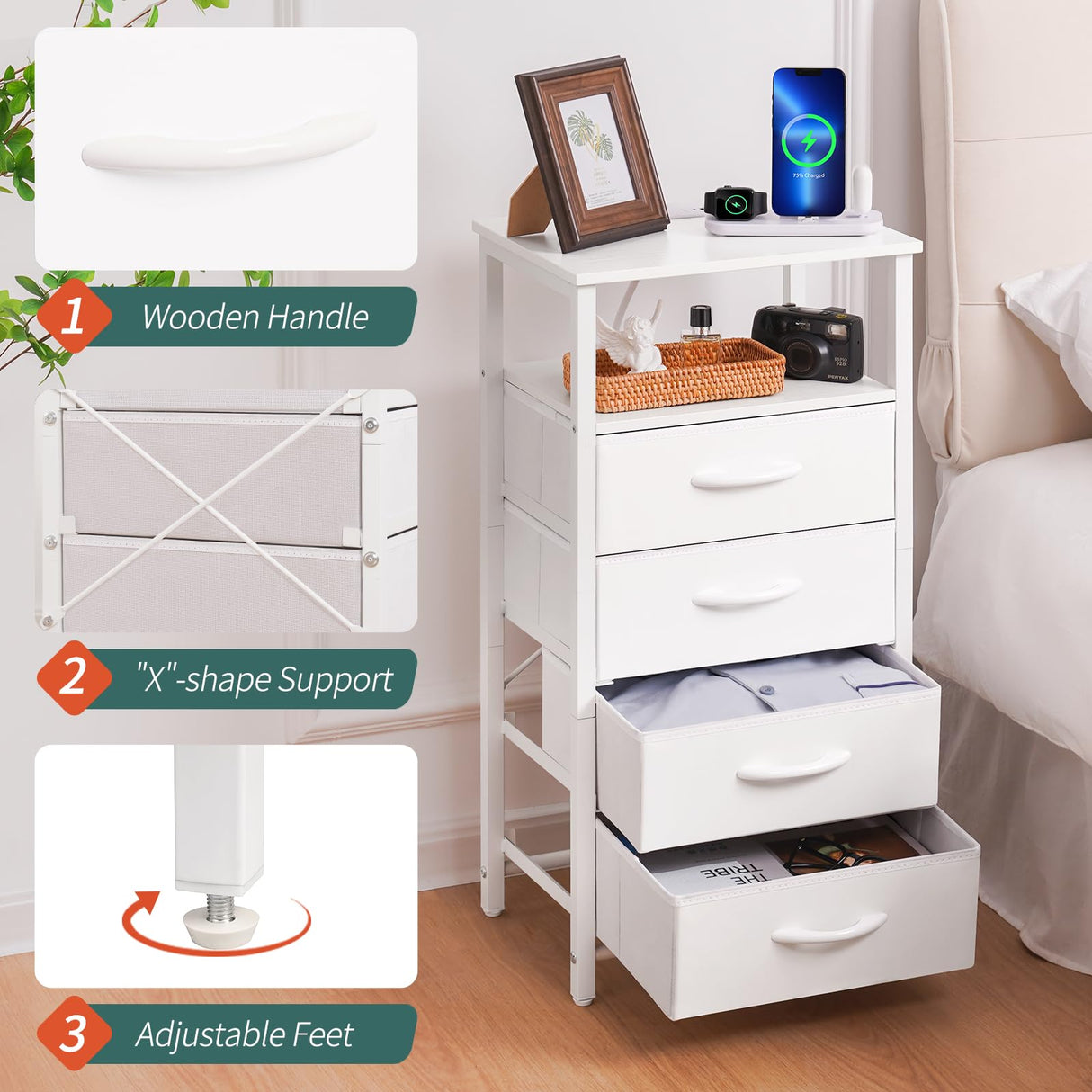Yoobure White Nightstand - Small Dresser for Bedroom, LED Night Stand with Charger Station, Bedside Table with 4 Fabric Drawers and Open Shelf, Vertical Dressers with USB Ports and Outlets Yoobure