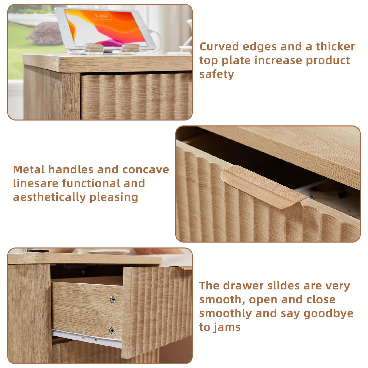 LEYAOYAO 23" Wide Fluted Farmhouse Night Stand Set of 2 with Charging Station, 3 Drawers Large End Table w/Metal Handle, Natural Nightstand Bedside Table,Wood Dresser for Bedroom, Closet LEYAOYAO