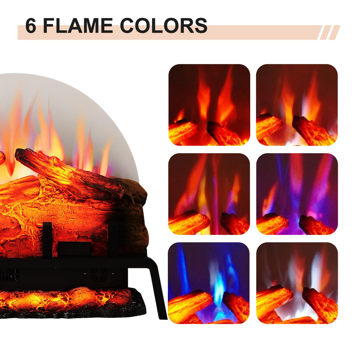 PuraFlame 24" Free Standing Electric Fireplace Log Set Insert, 750W/1500W Heater, 6 Flame Colors with 5 Brightness, Crackling Sound, Remote Control PuraFlame