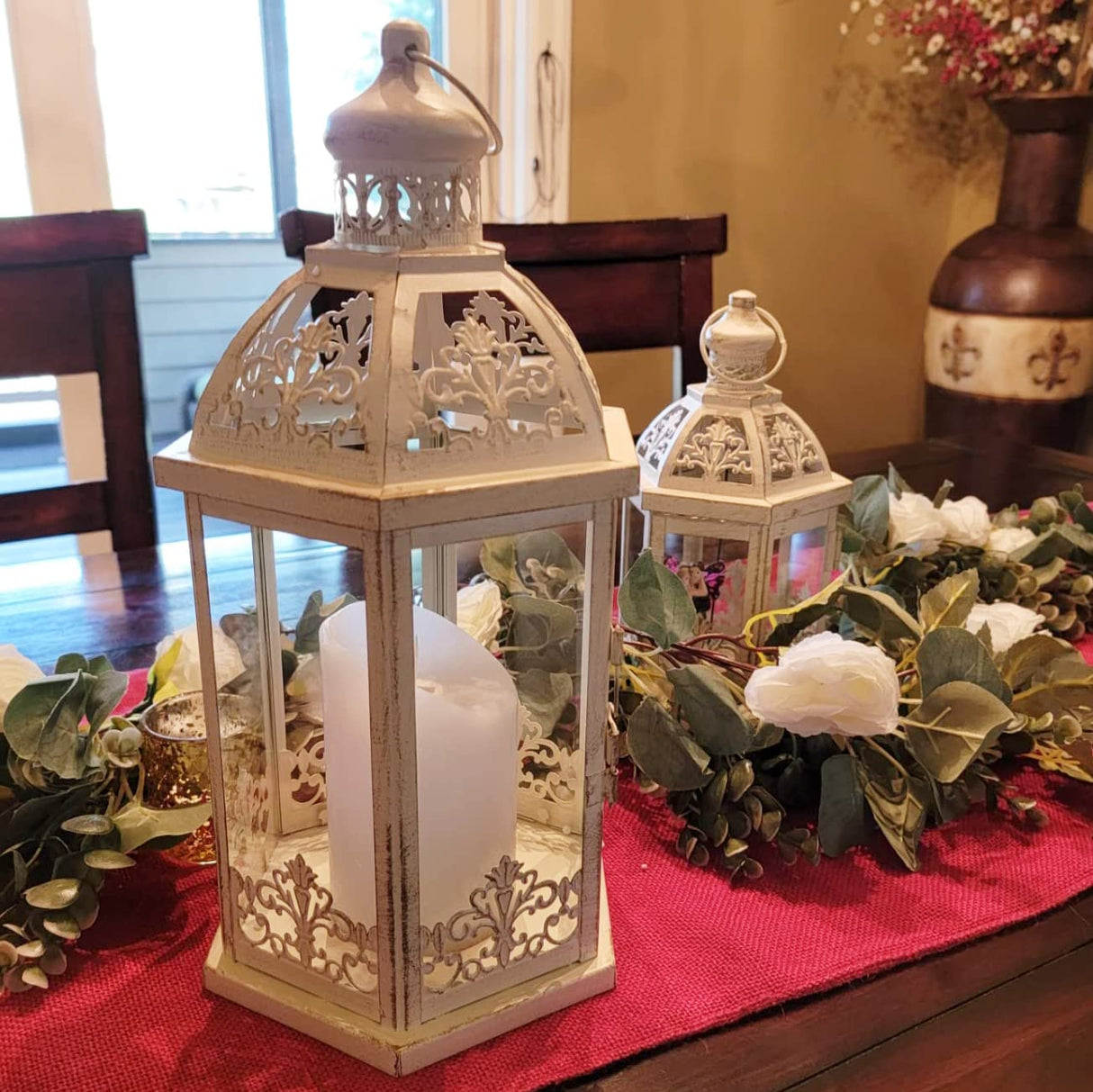 Lanterns Decorative Outdoor&Indoor, Set of 2 (15"&11") Beige Metal Lantern Decor with Glass, Candle Holder for Porch, Patio, Garden, Fall, Wedding, Christmas, Table Centerpiece NEEDOMO