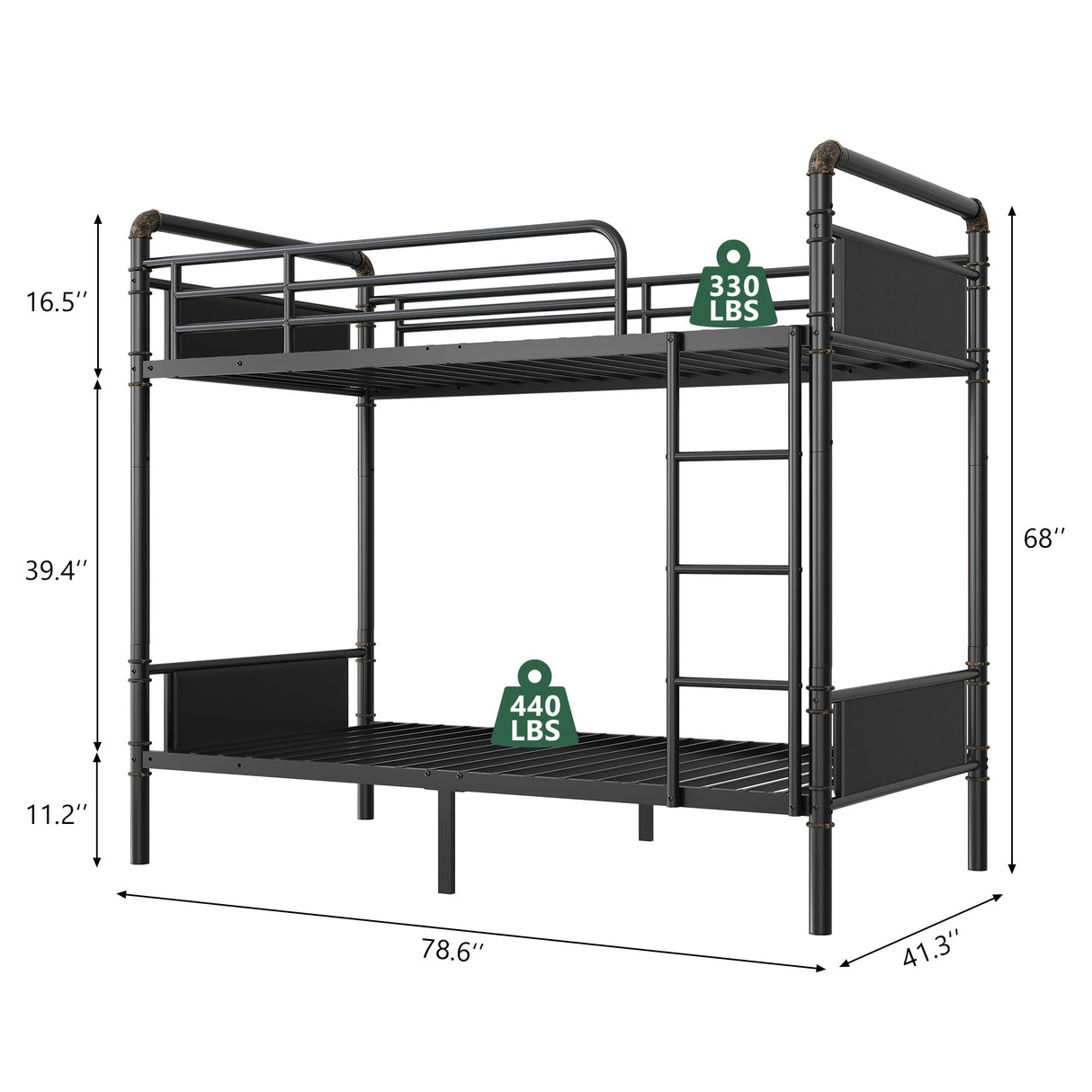 Jocoevol Metal Bunk Bed Twin Over Twin, Industrial Bunkbeds Heavy Duty Bed with Safety Guard Rails and Space-Saving Design, Steel Bed for School, Bedroom (Black Leather) Jocoevol