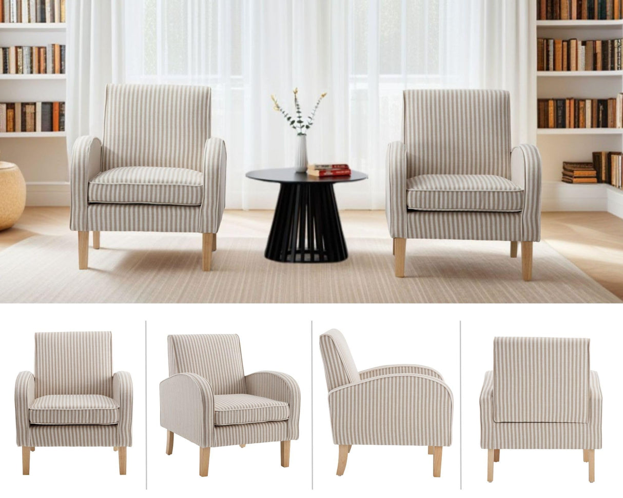 Farmhouse Striped Accent Chair for Living Room Set of 1, Linen Fabric Modern Comfy Armchairs with Cushion, Upholstered Striped Reading Chairs for Bedroom Couch Chair with Wood Legs, Khaki LIVINOVA