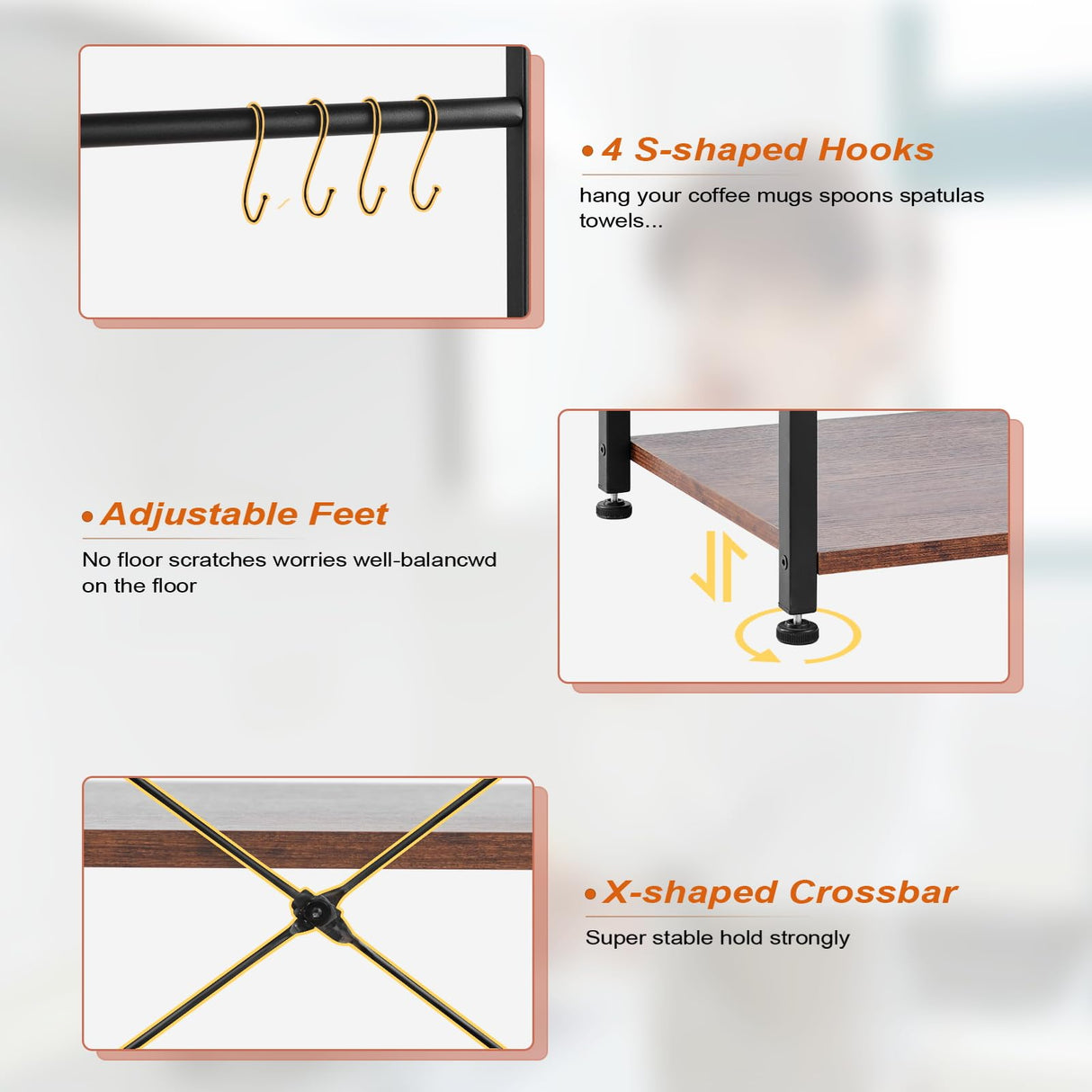 OIRBOEUS Rustic Brown Bakers Rack with Power Outlet and 5-Tier Storage for Kitchen and Coffee Bar OIRBOEUS