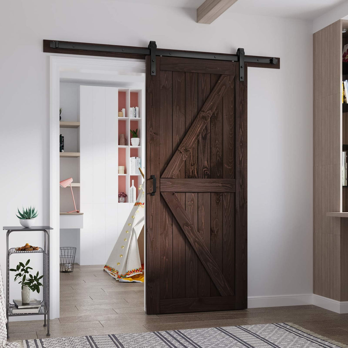 FREDBECK 36in x 84in Brown Barn Door with 6.6ft (79inch) Barn Door Hardware Track Kit and Handle Included, Double Surfaces,Simple Assembly is Required,K-Frame,Coffee FREDBECK