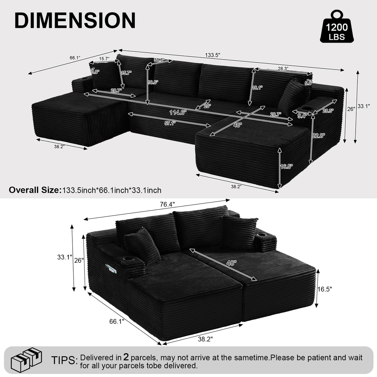 134 Inch U-Shaped Sectional Couch, Oversized Modular Corduroy Sofa with Double Chasies, 4-Seater Modern Deep Seat Boneless Cloud Couch for Living Room, No Assembly Required, Black GUANGHONG
