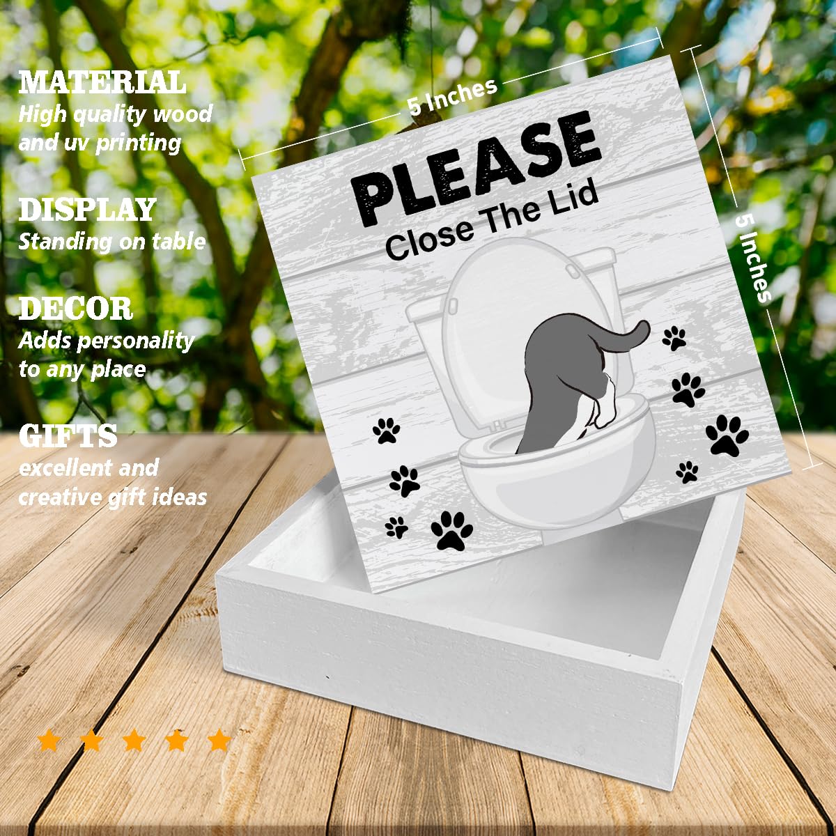 Bathroom Wooden Box Sign Home Decor Cat Bathroom Wood Sign Desk Decoration Please Close the Lid Wood Block Plaque Box Sign for Shelf Home Toilet 5 x 5 Inches YXSEZ