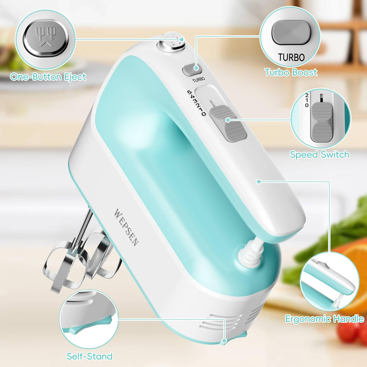 Hand Mixer Electric Handheld, 5-Speed Handheld Mixer, 380W Electric Mixer with Stainless Steel Whisk Beater Attachments, Snap-On Storage Case, Measuring Cups, Kitchen Cake Mixers for Baking Supplies WEPSEN