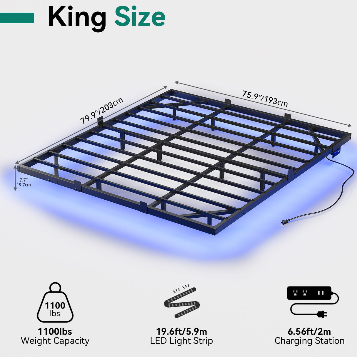 DWVO King Size Floating Bed Frame, LED Bed Frame with USB Port, King Metal Platform Bed with Heavy Duty Steel Slats, No Box Spring Needed, Easy Assembly, Black DWVO