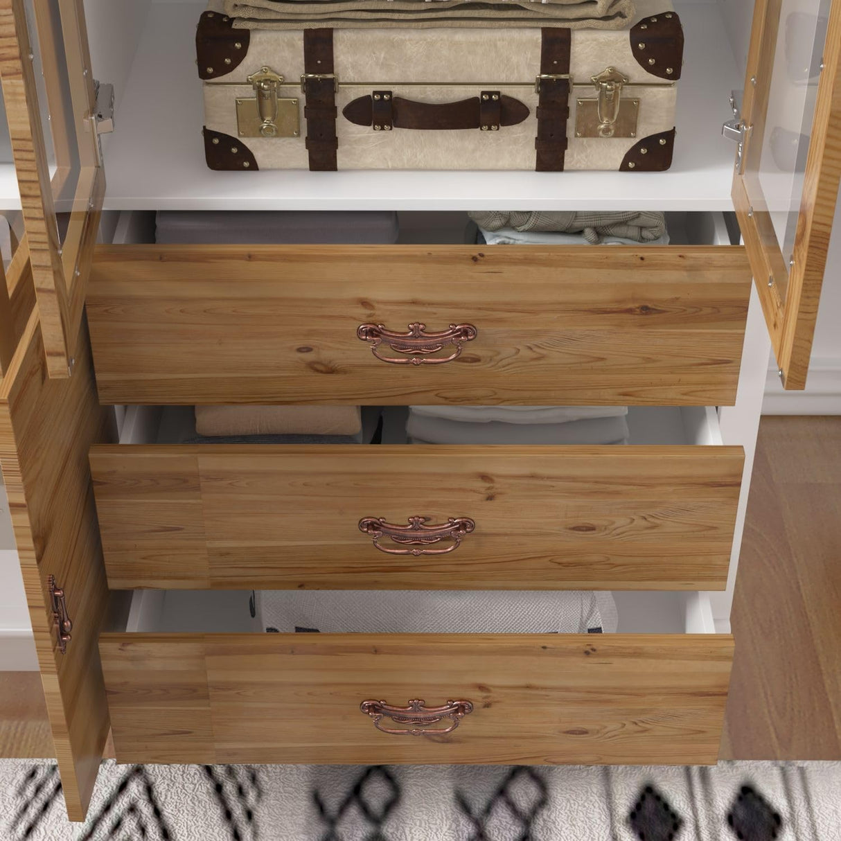 FAMAPY Farmhouse 4 Door Wardrobe with Glass Doors & Storage Cabinet, Armoire Wardrobe Closet with Hanging Rod & 3 Drawers, Art Decor Armoire Closet White and Oak (57.5”W x 20.3”D x 75.7”H) FAMAPY