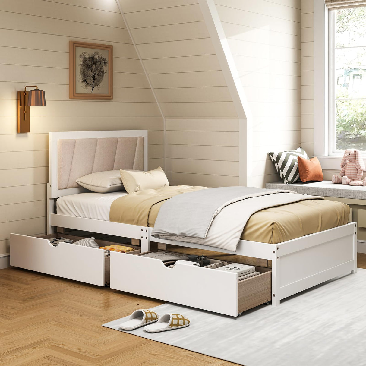 Giantex Wood Twin Bed with 2 Storage Drawers, Solid Wood Platform Bed with Upholstered Headboard, Wooden Slats Support, Twin Bed Frames for Kids Teens Adults, No Box Spring Needed, White & Beige Giantex
