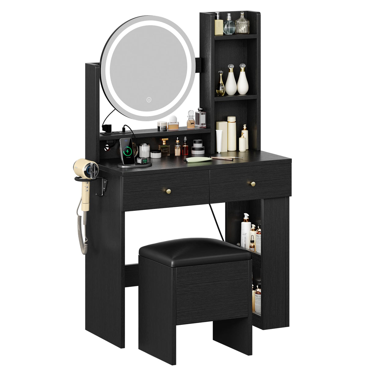 DWVO Makeup Vanity Desk with LED Lighted Mirror, Black Vanity Set with Charger Station, Small Spaces Vanity Table for Bedroom, Adjustable 3 Lighting Modes, Makeup Table with Chair for Girl, 31.5in(L) DWVO