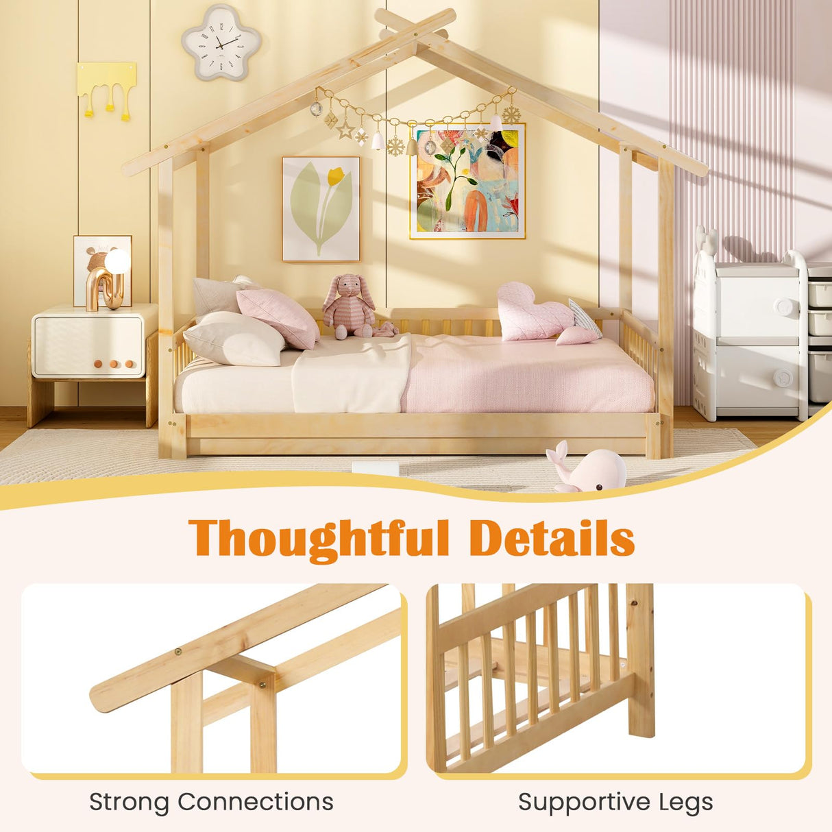 KOMFOTT Wood Extendable House Bed, Twin to King House Daybed with Safety Rails & Decorable Roof, Montessori Daybed, No Box Spring Needed, Roof-Shaped Floor Daybed for Kids, Teens (Natural) KOMFOTT