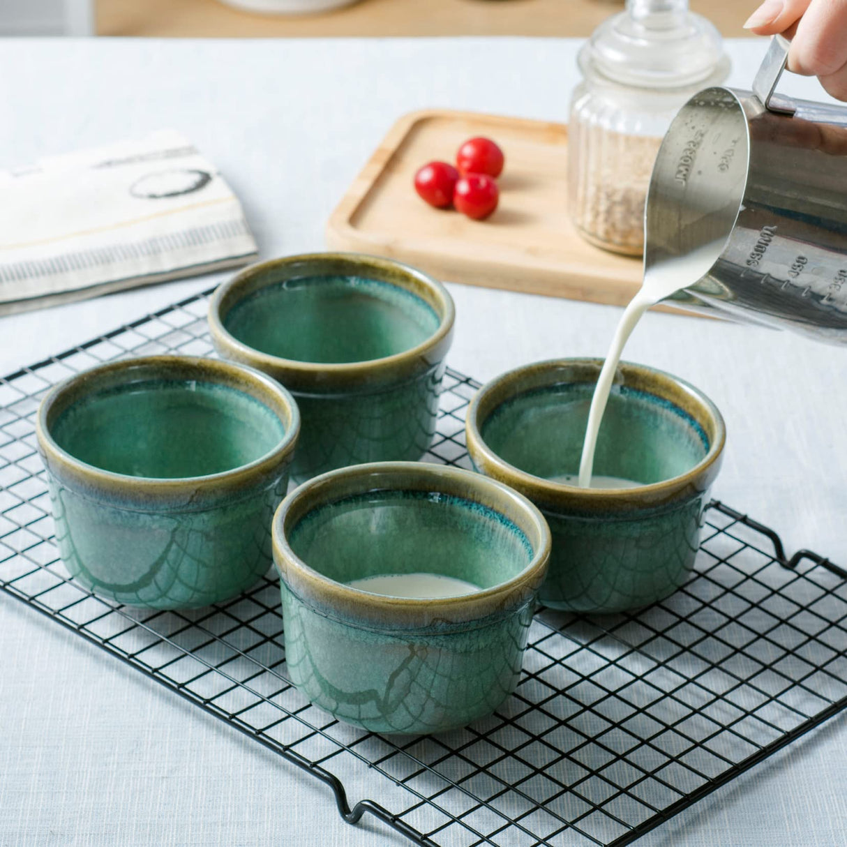 Ramekins 8 oz Oven Safe for Creme Brulee, Souffle Dishes - Ceramic Baking Bowls Set of 4 for Pudding Cups, Custard, Ice Cream, Dips and Appetizers - Light Green HENXFEN LEAD