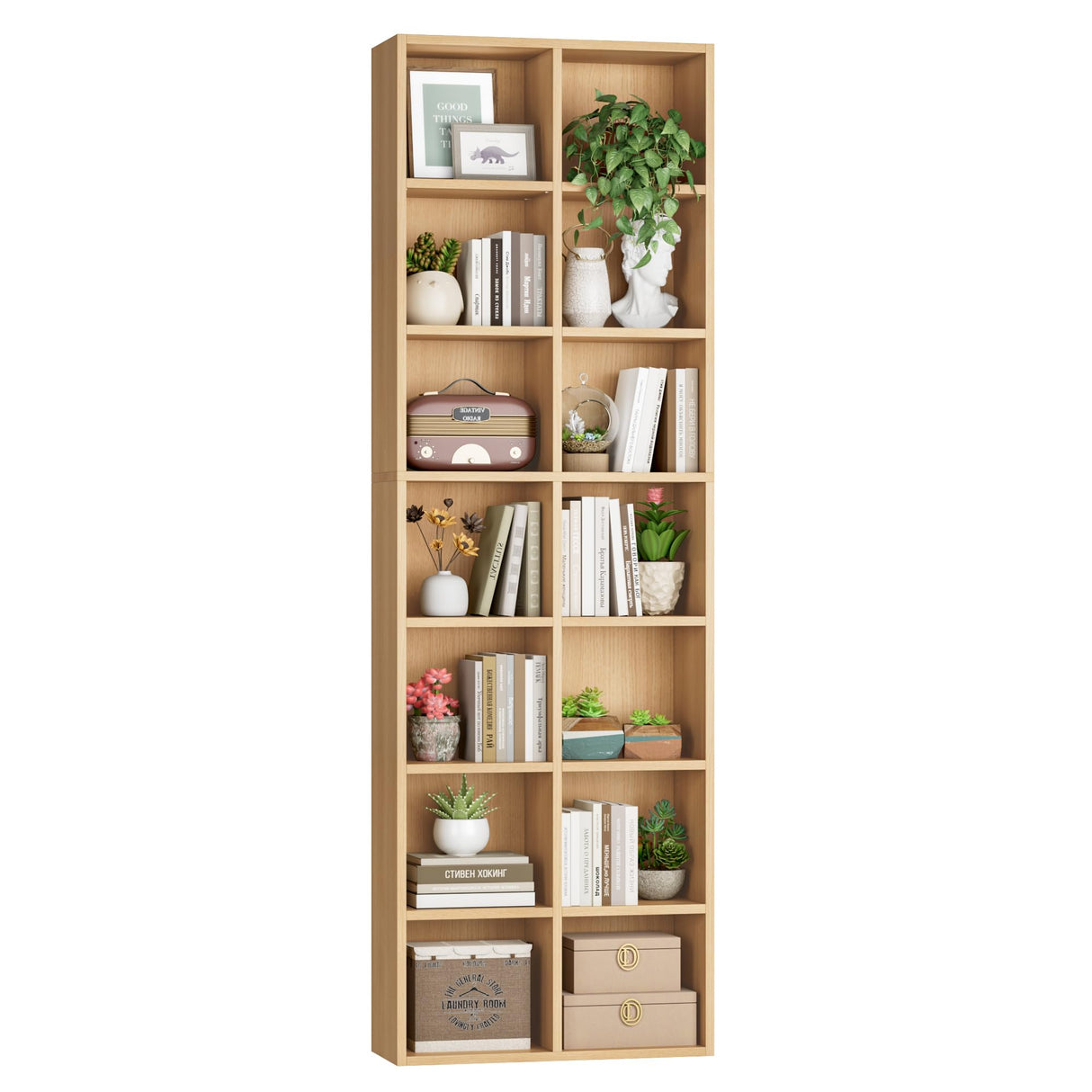 FOTOSOK 71’’ Narrow Bookshelf and Bookcase, Wooden Shelf 7 Tier Media Storage Tower Rack, CD DVD Storage Tower Rack with Adjustable Shelves,Double Wide Slim Bookshelf Cube Storage Organizer, Natural FOTOSOK