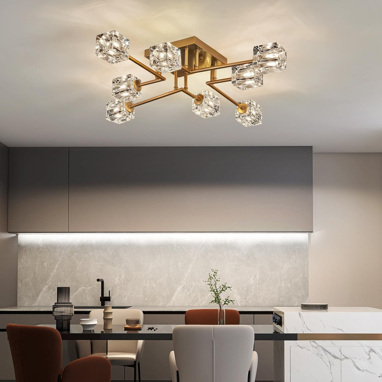 Qgiytp Vintage Gold Semi Flush Mount Ceiling Light 8-Light Glass Sputnik Chandeliers Mid Century Modern Crystal Ceiling Light Fixture for Living Room Dining Room Bedroom Kitchen Foyer Qgiytp
