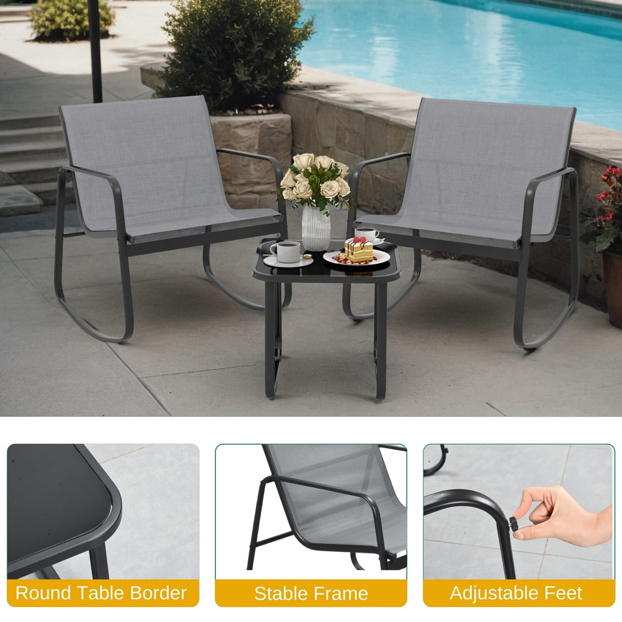DWVO Gray 3-Piece Patio Bistro Set, Outdoor Textilene Furniture with 2 Rocking Chairs and Coffee Table for Backyard Lawn Garden Balcony Poolside DWVO