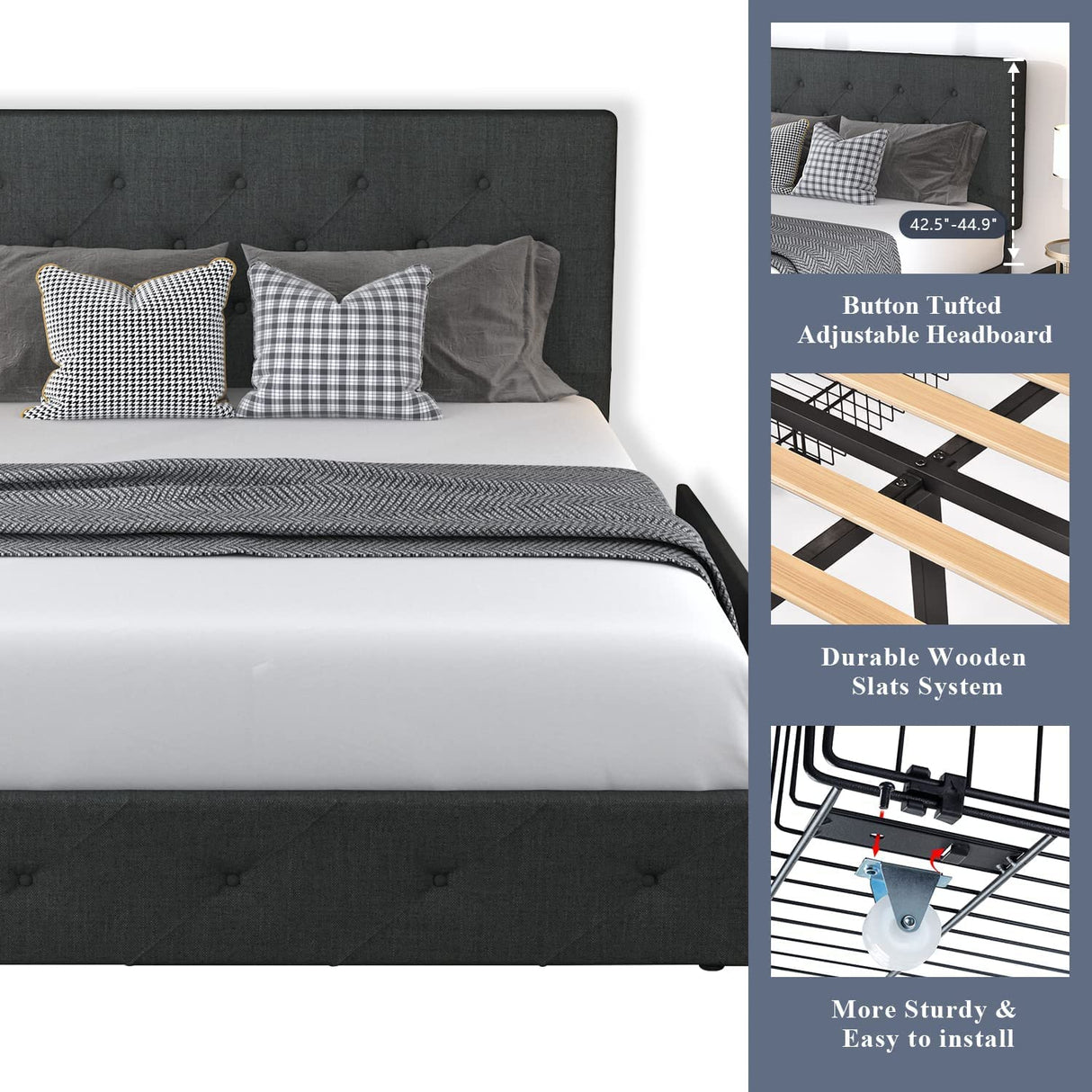 Allewie Dark Grey Upholstered Queen Size Platform Bed Frame with 4 Storage Drawers and Adjustable Headboard Allewie