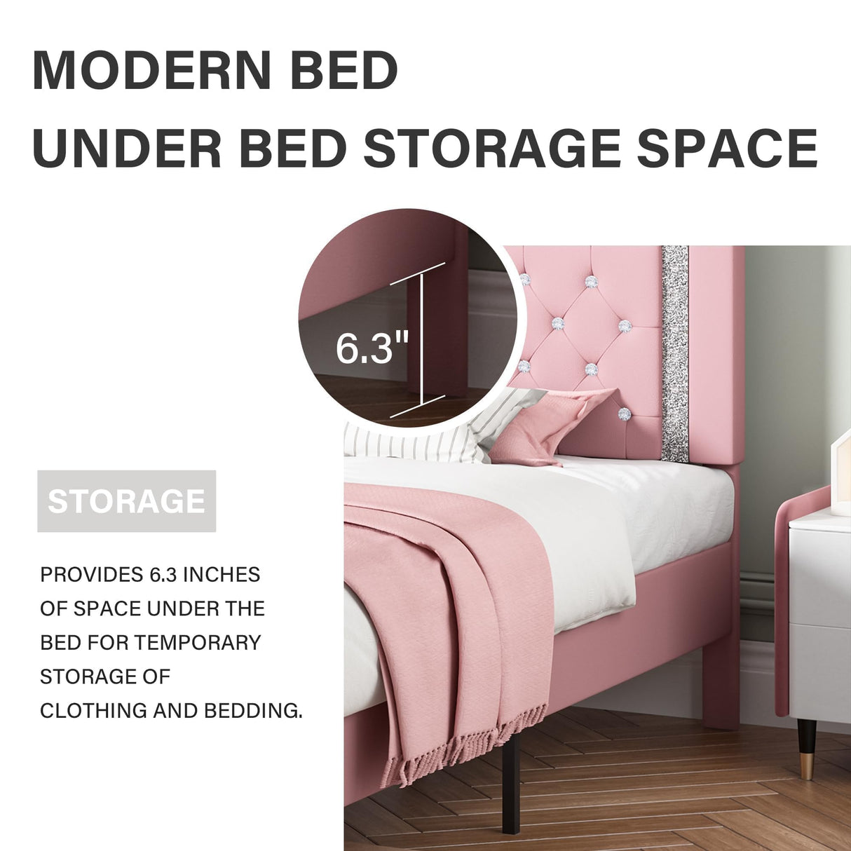 Full Size Bed Frame, Upholstered Platform Bed with Button Tufted Headboard, Princess Bed Frame with Diamond Design, No Box Spring Required, Easy Assembly, Pink BarnFurin