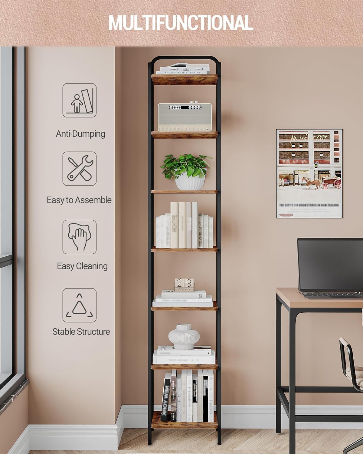 Hzuaneri Bookcase Bookshelf, Narrow Book Shelf, Industrial Corner Shelf Storage Organizer, Slim Shelving Unit for Home Office, Living Room, Bedroom, Kitchen, 7-Tier Rustic Brown and Black BC24701B Hzuaneri