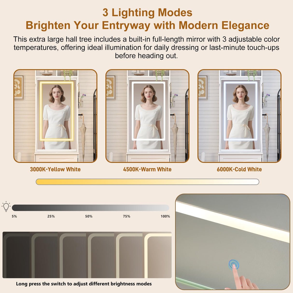 chartustriable 86.6" Wide Extra Large Farmhouse Hall Tree with 3-Color LED Mirror, Entryway Bench with Bench and Shoe Storage, Shoe Shelves,Umbrella Holder, Mudroom Hallway Storage Cabinet chartustriable