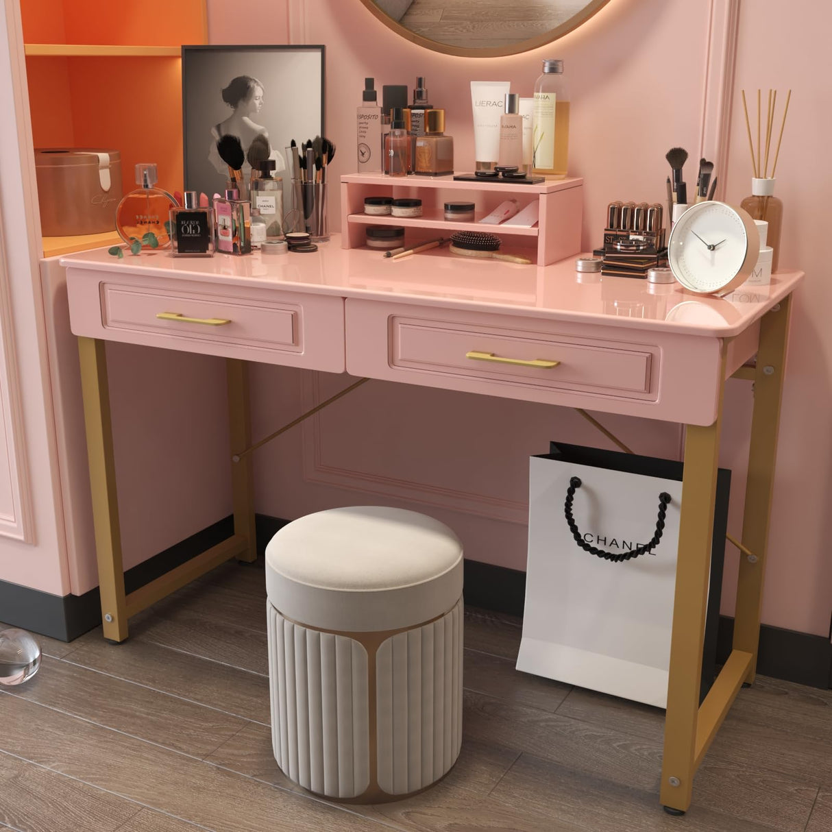 WESTREE Modern Makeup Vanity Desk with Glossy Desktop,Bedroom Home Office Writing Desk with Drawers, Storage Shelf, Gold Metal Frame for Dressing Table Without Mirror WESTREE
