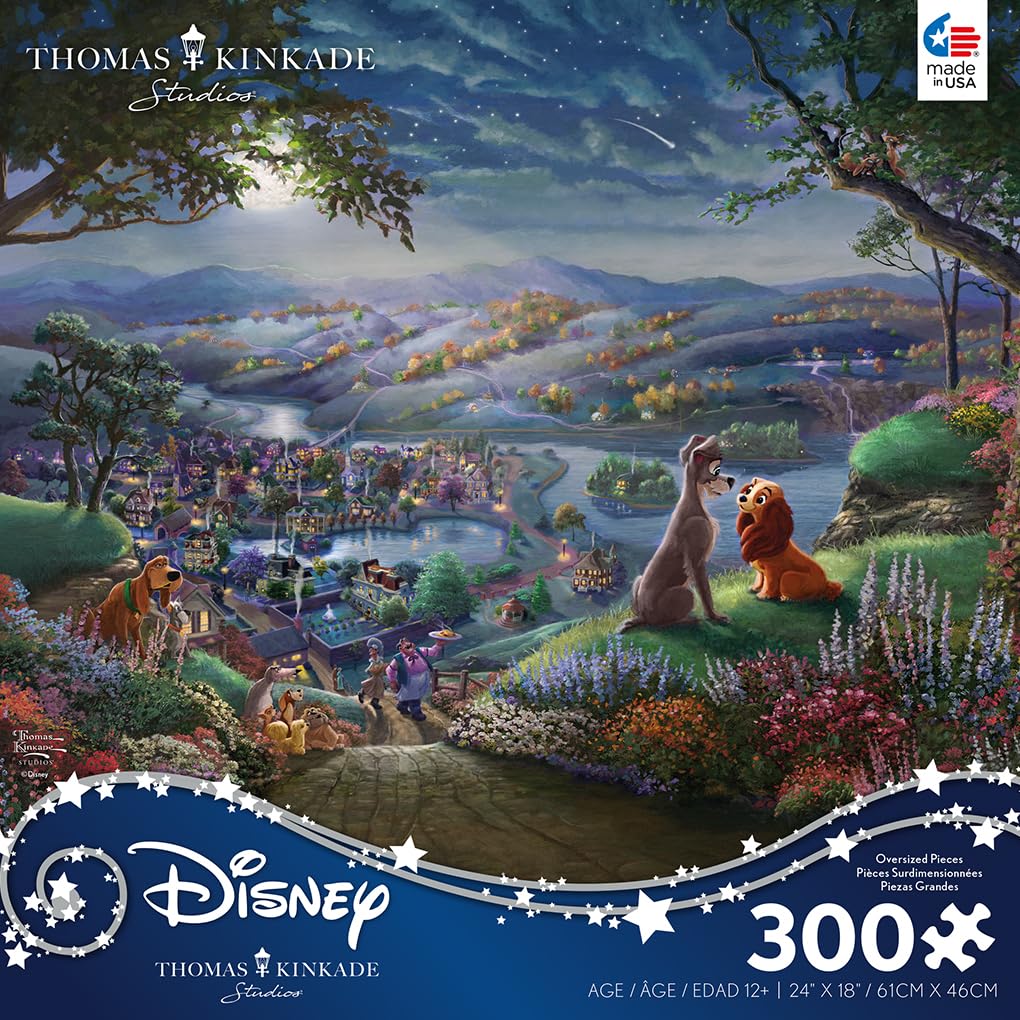 Ceaco - Disney - Thomas Kinkade - Lady and The Tramp Falling in Love - 300 Oversized Piece Jigsaw Puzzle Ceaco