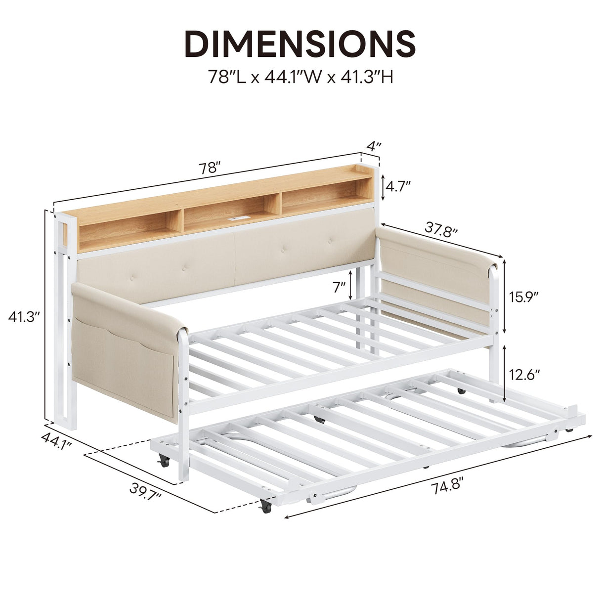 LIKIMIO Daybed with Trundle, Twin Bed Frame with Upholstered Headboard and Charging Station, Sofa Day Bed with Strong Supports for Living Room, Bedroom and Guest Room, White LIKIMIO