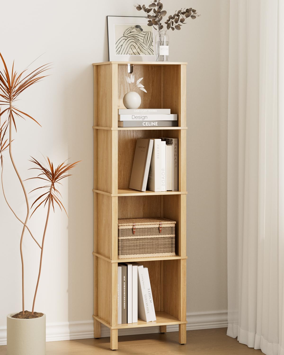 Apetaccat Book Shelf, Modern 4-Tier Bookcase, Open Storage Bookshelf, 11 × 14.2 × 50.4 Inches, Small Narrow Bookshelves for Living Room, Home Office, Bedroom, Natural Apetaccat