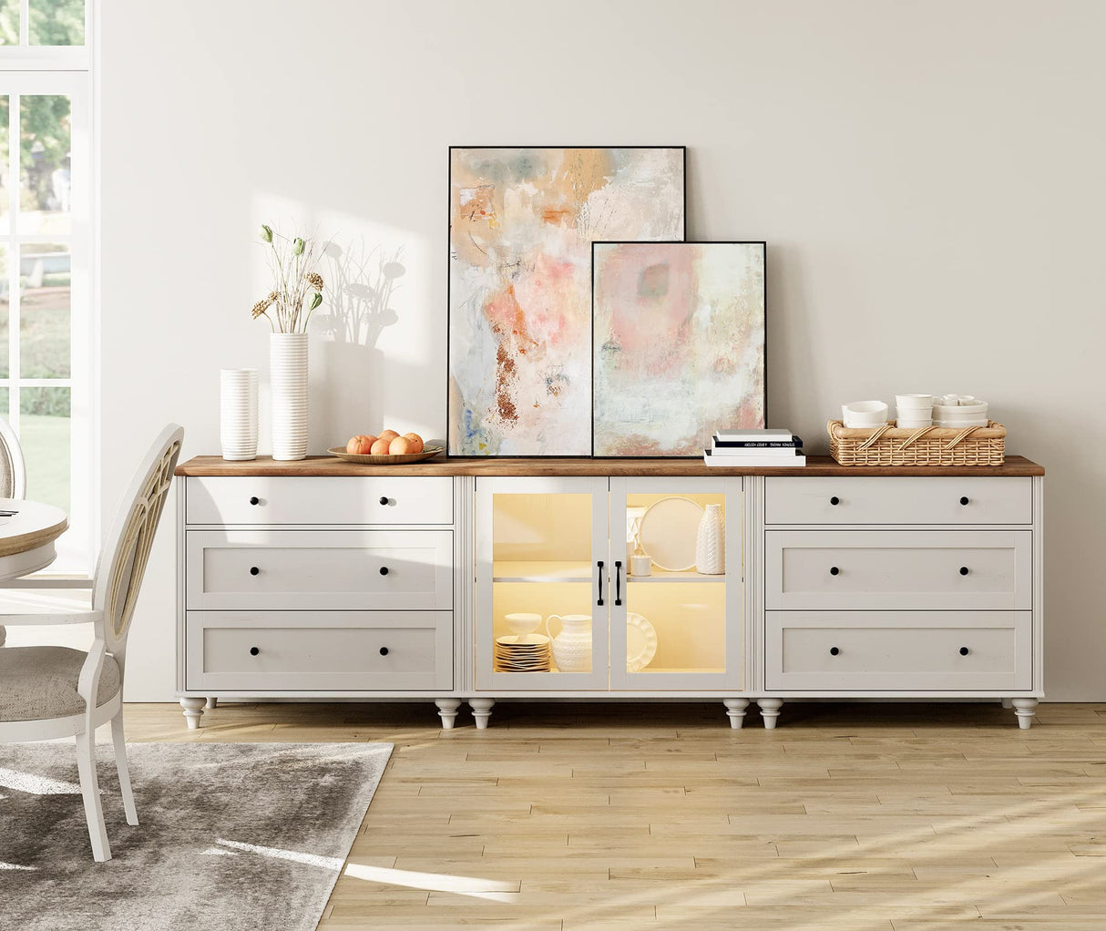 WAMPAT Kitchen Buffet Server Table with 6 Drawers & Storage Cabinet, Accent Sideboard Cupboard with LED Light, Console Table Living Room Dining Room, White & Brown WAMPAT