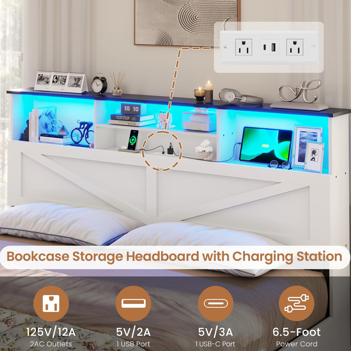 VIAGDO Farmhouse Bed Frame King Size with Bookcase Storage Headboard, Charging Station and LED Lights, Wooden King Bed Frame with 4 Drawers, Barn Door Design, No Box Spring Needed, No Noise, White VIAGDO