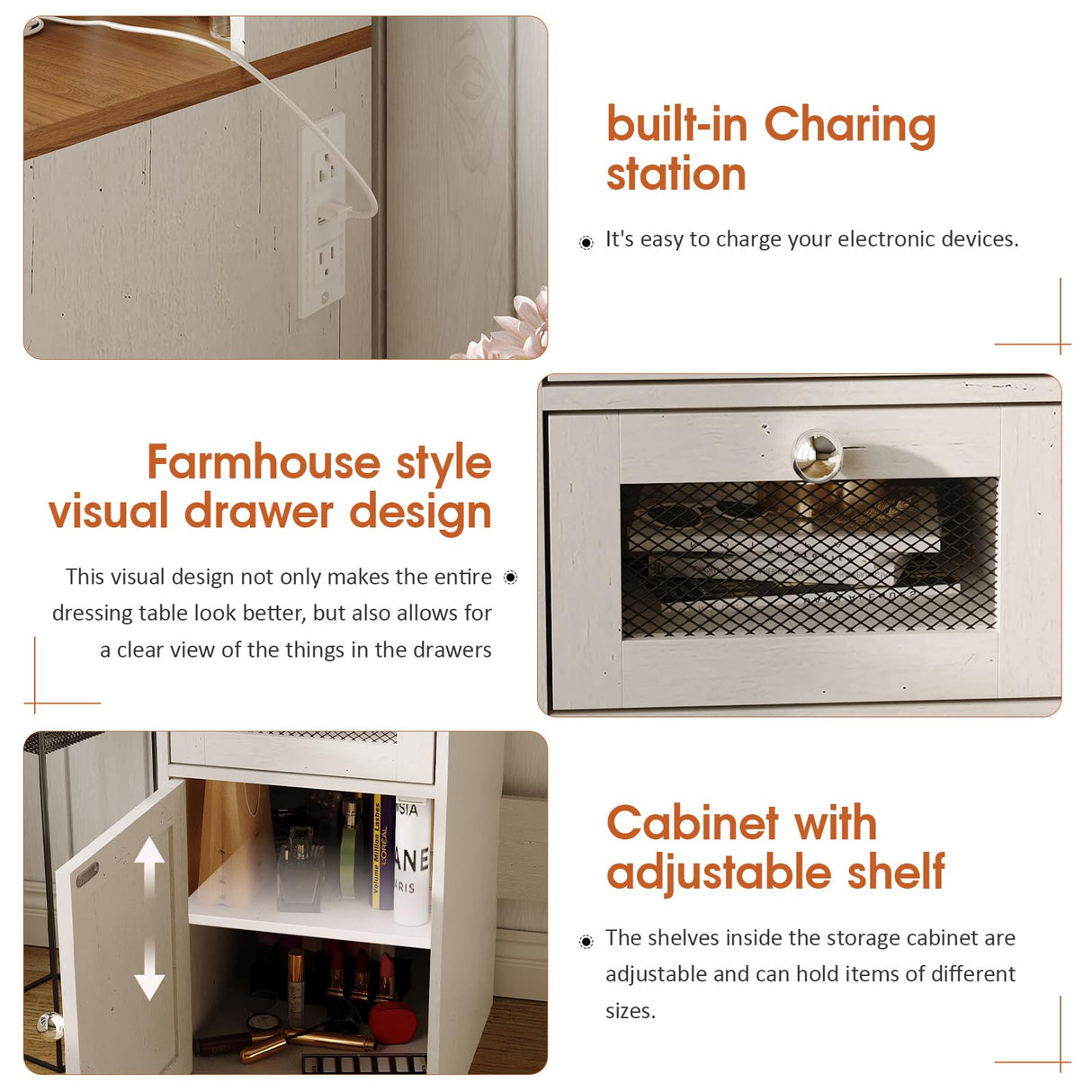 Halitaa Farmhouse Vanity Desk with Mirror and Lights,White Makeup Vanity with 5 Drawers & Hidden Storage,Rustic Large Dressing Table with Charing Station & Shelves for Bedroom Halitaa