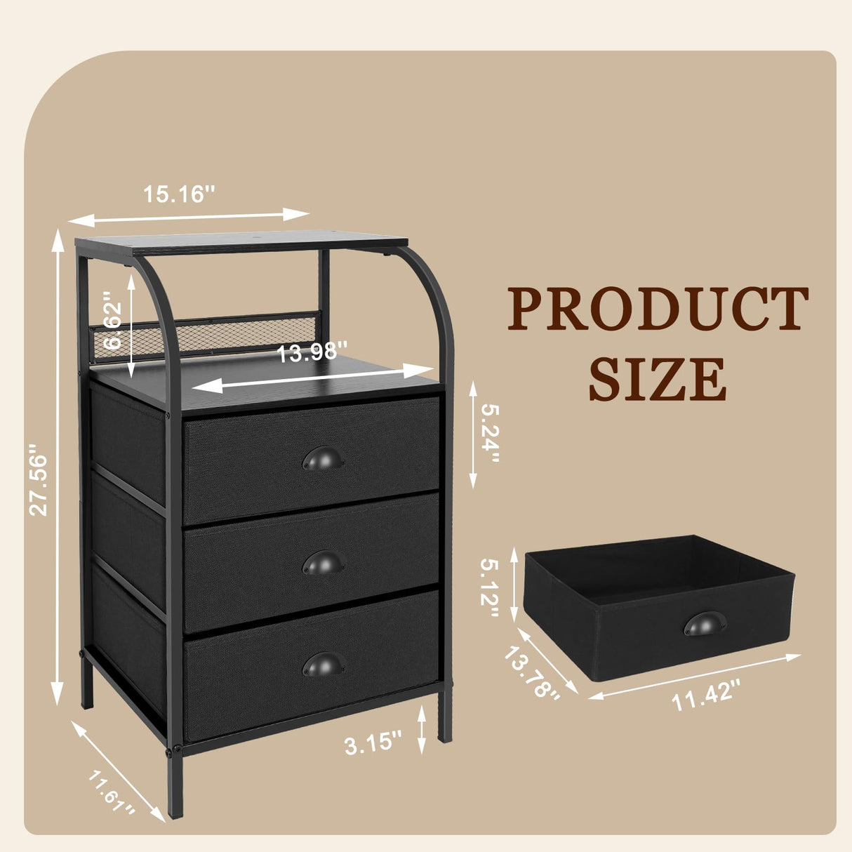 Jixlantuc Nightstand Bedside Table with Fabric Drawers Night Stand for Bedroom,End Table with Storage Shelves Side Tables Hallway, Entryway, Nursery Black Jixlantuc