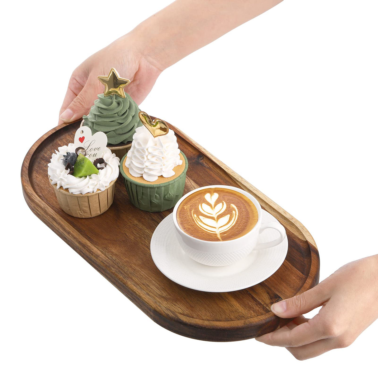 Elsjoy Set of 2 Acacia Wooden Serving Trays, Natural Wood Serving Platters Set with Lip, Oval Charcuterie Plates Board Rustic Long Bread Fruit Dishes for Kitchen Decor, 14"x7" and 11"x5.5" Elsjoy