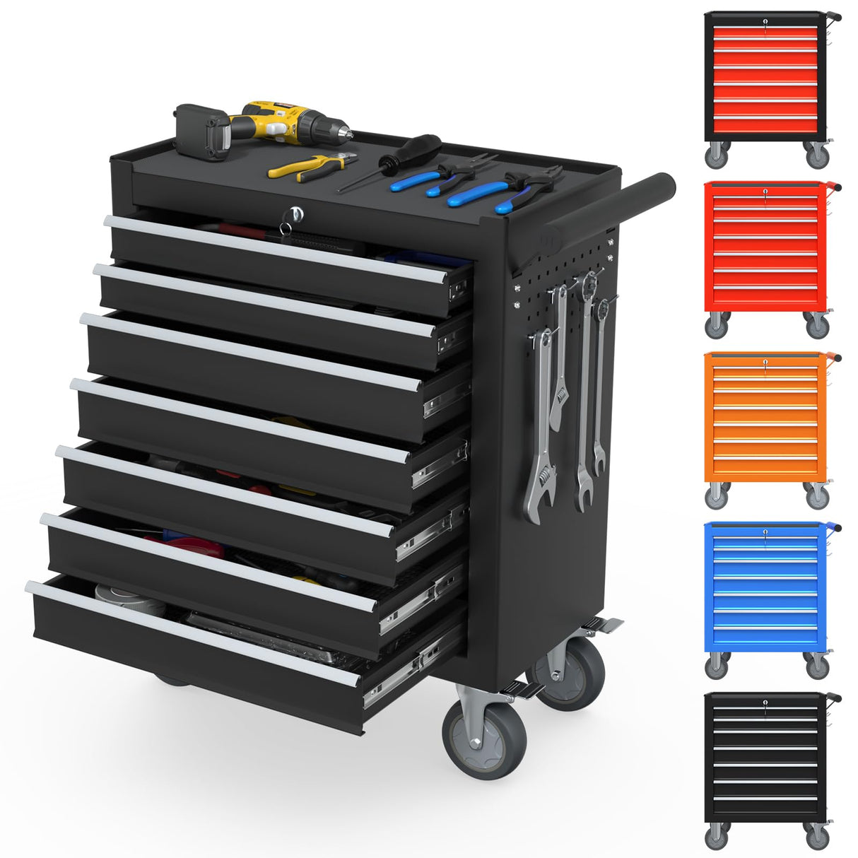 Granper High Capacity 7-Drawer Tool Chest with Wheels, Movable Rolling Tool Chest, Lockable Tool Box with Wheels, Heavy Duty Tool Cabinet for Workshop, Garage, Mechanics and Repair Room (Black) Granper
