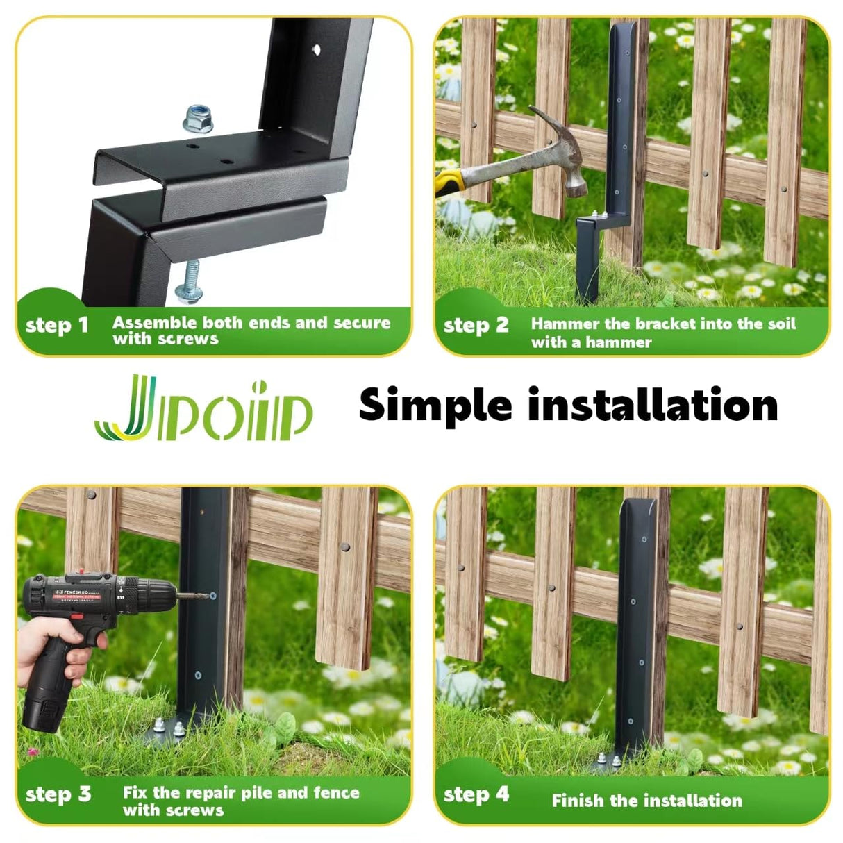 JPOIP Heavy Duty Steel Fence Post Repair Kit, 32 Inch Long Fence Post Anchor Ground Stakes for Repair Tilted/Broken Wood Fence Post (4 Pack) JPOIP