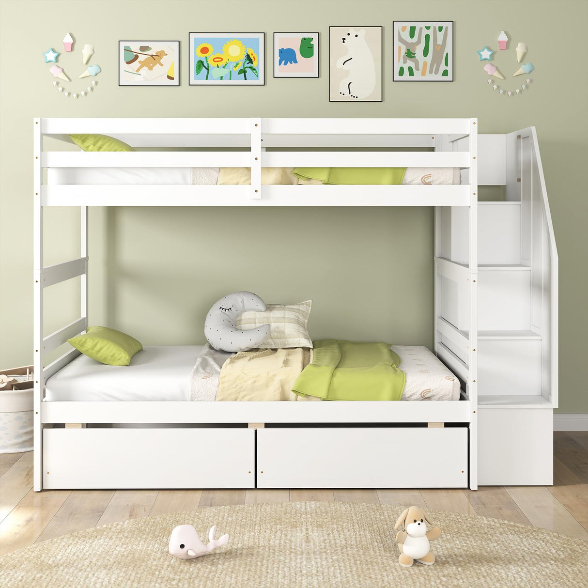 KOMFOTT Wood Twin Over Twin Bunk Bed with Storage Drawers & Stairs, Bunk Beds with Bookcase & Safety Guardrail, Solid Wood Slatted Bunk Bed for Kids Teens Adults, No Box Spring Needed (White) KOMFOTT
