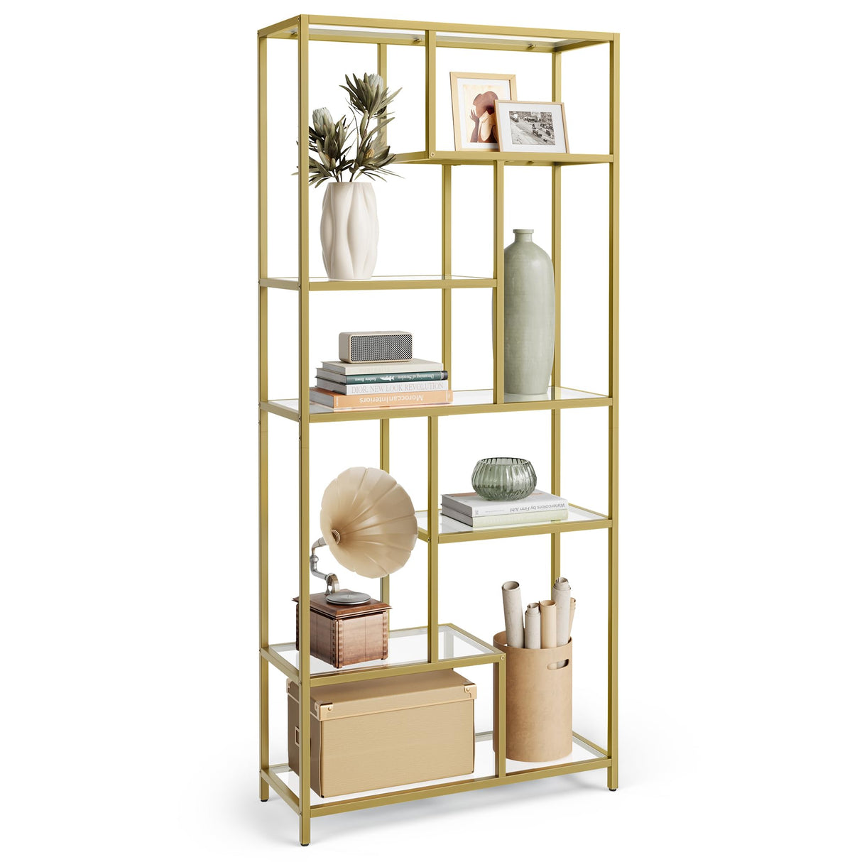VASAGLE Bookshelf, 6-Tier Tall Bookcase, Display Shelf, Plant Stand, 11.8 x 31.5 x 70.9 Inches, Tempered Glass, for Study, Office, Living Room, Bedroom, Kitchen, Metallic Gold ULGT502A01 VASAGLE